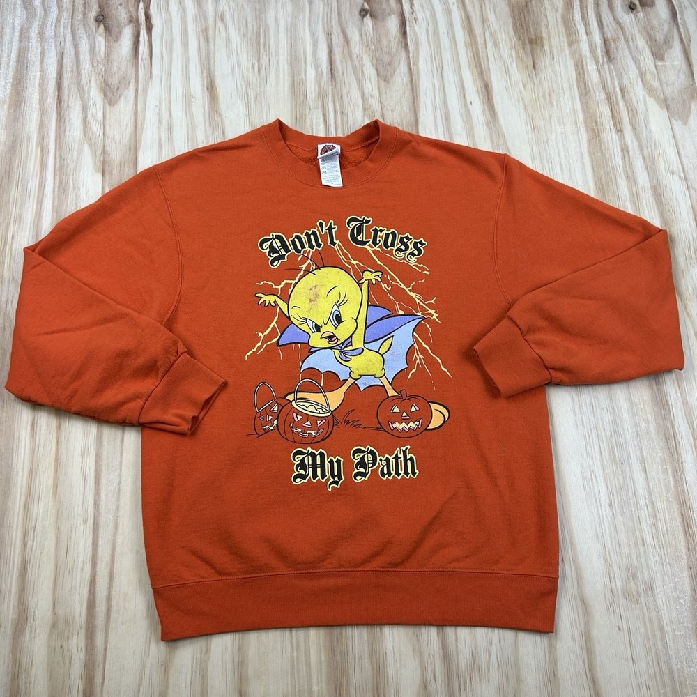Vintage 90s Women's Tweety Halloween Sweatshirt Orange Medium Crewneck Trick Tre